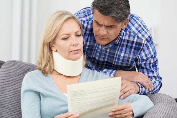 An injured woman reads a letter about a closed car accident claim.
