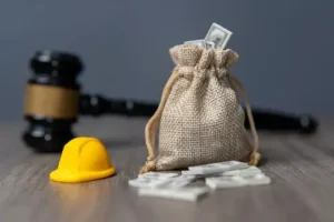 Miniature hard hat with money represents a workers’ comp lawyer