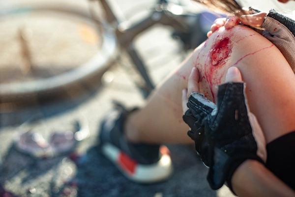 A cyclist has a severe gash in his knee and needs a bicycle accident lawyer to help him gain compensation.